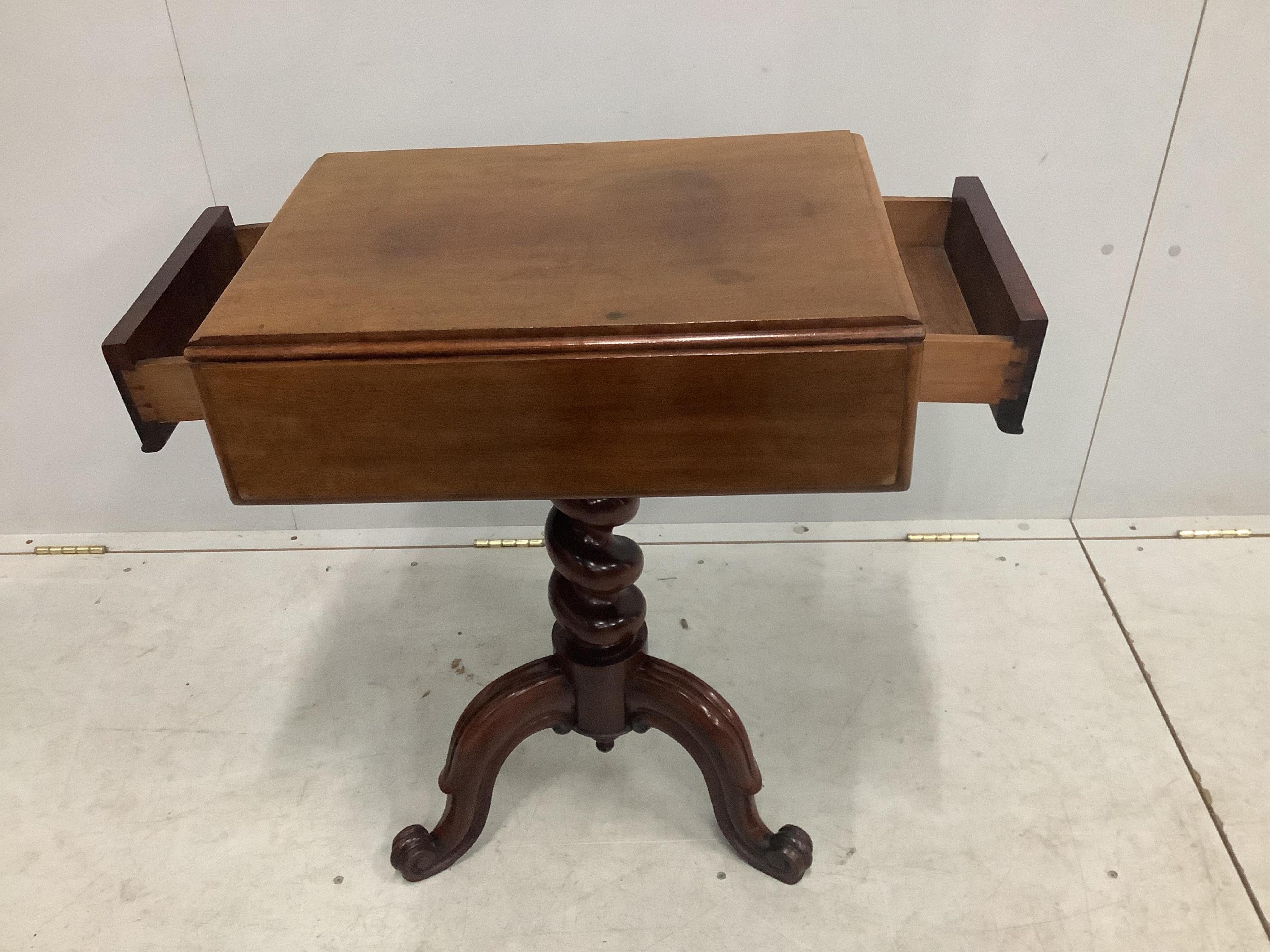 A Victorian mahogany drop flap side table, width 63cm, extended, depth 53cm, height 73cm. Condition - fair to good